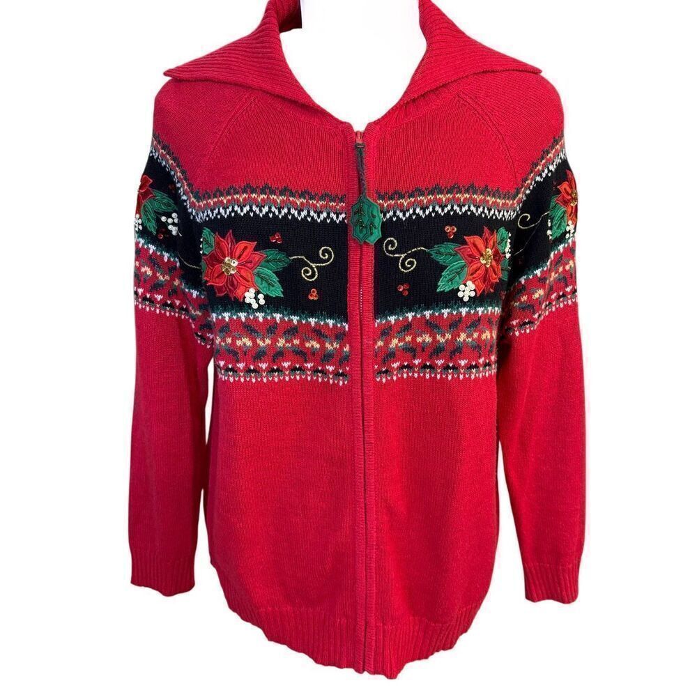Dress Barn Holiday Cardigan Full Zip Embroidery Poinsettias Plus 1X Vtg